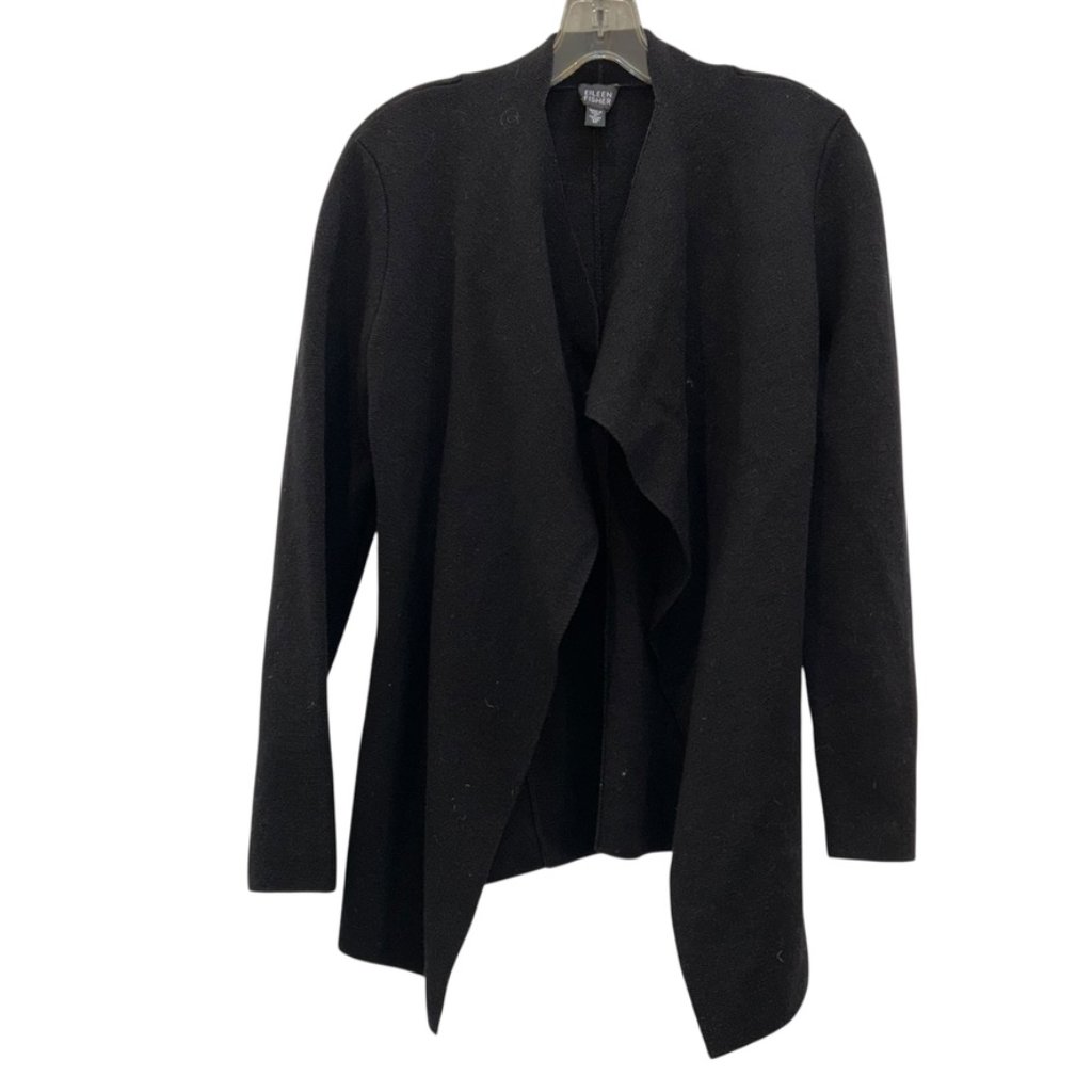 Eileen Fisher Black Santana Knit Wool Waterfall Cardigan Sweater M